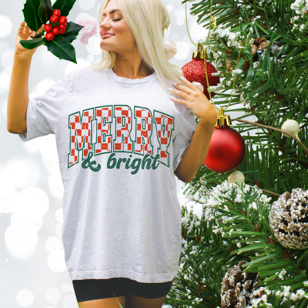 Merry & Bright Checker letter ash tee