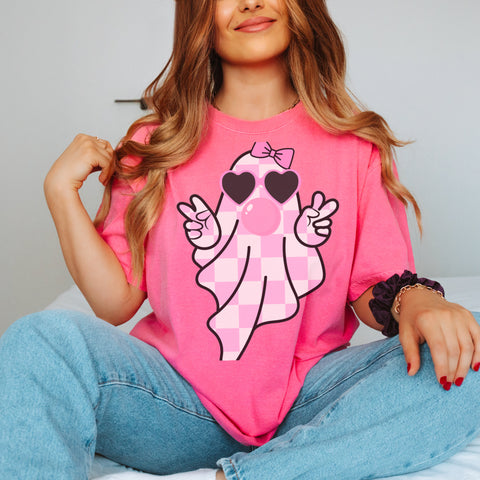 Checker Ghost hot pink tee