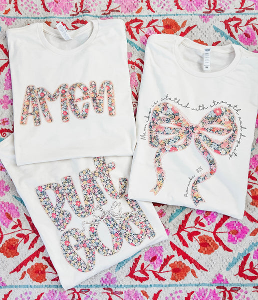 Popular floral design: bow, amen or but God tee