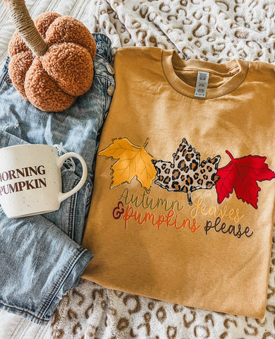 Autumn leaves and pumpkin please golden mustard tee