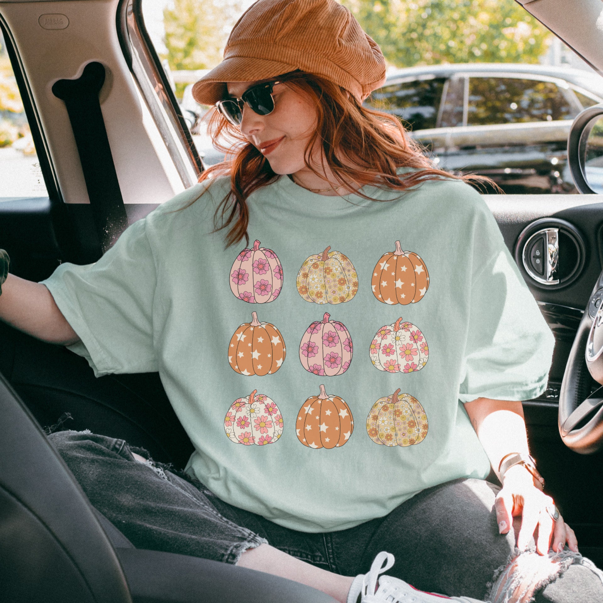 Retro Stacked Floral Pumpkins Sage tee