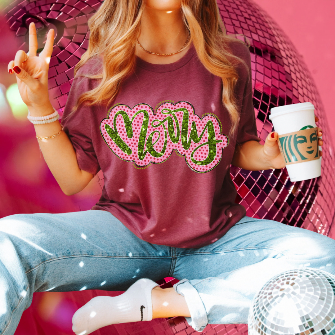 Faux Bling Cursive Merry Tee