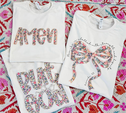 Popular floral design: bow, amen or but God tee