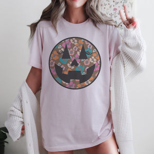 Multi Color Pumpkin Leopard Face smiley tee