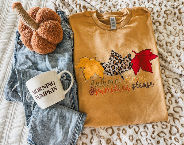 Autumn leaves and pumpkin please golden mustard tee