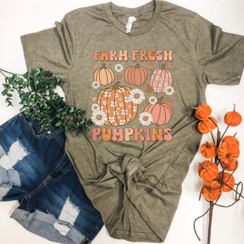 Farm Fresh Daisy pumpkin patch olive tee