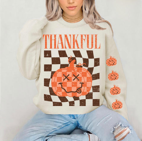 Thankful Retro checker cream sweatshirt