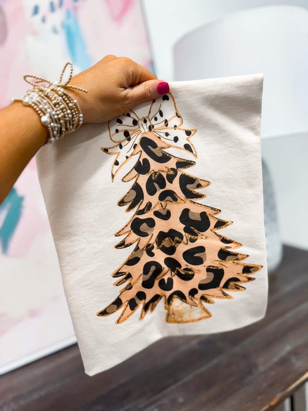 Leopard Christmas tree cream tee