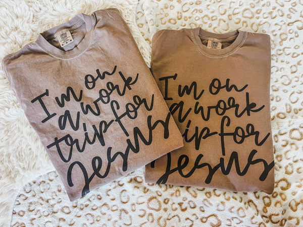 On a work trip for Jesus tee