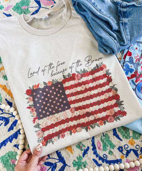 Land of the free floral USA flag tee