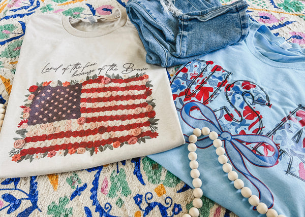 Land of the free floral USA flag tee