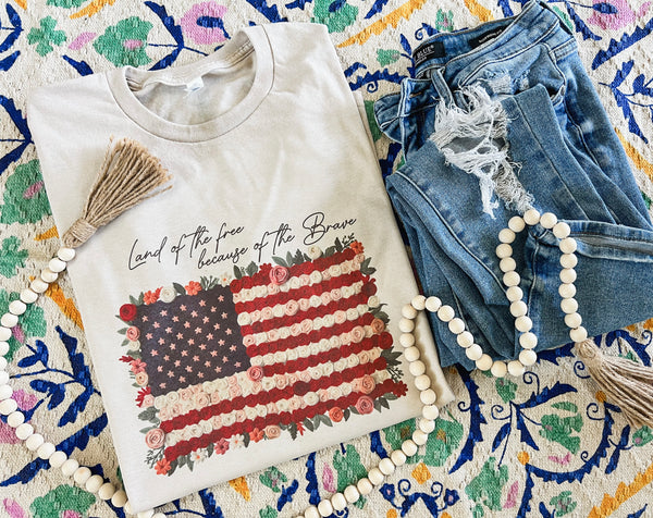 Land of the free floral USA flag tee
