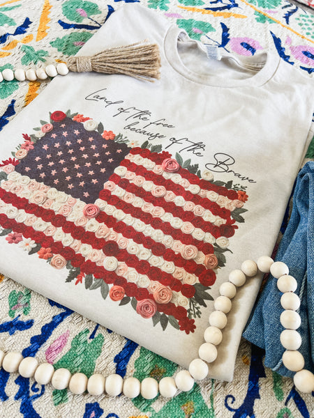 Land of the free floral USA flag tee