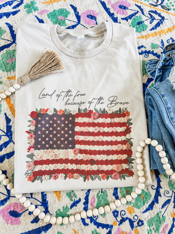 Land of the free floral USA flag tee
