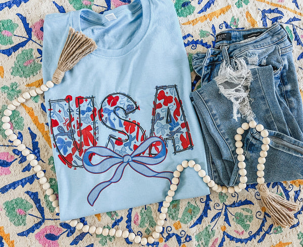 Baby Blue USA bows tee