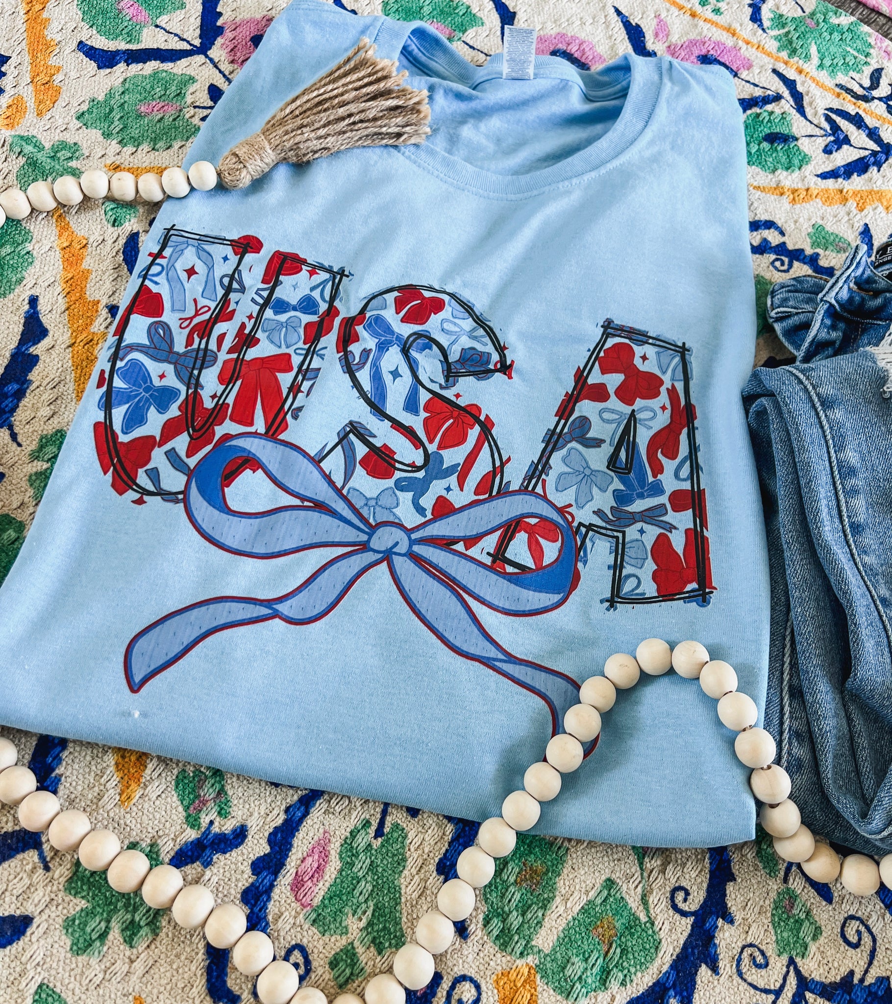 Baby Blue USA bows tee