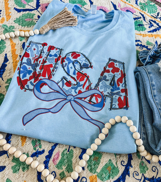 Baby Blue USA bows tee