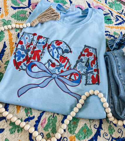 Baby Blue USA bows tee