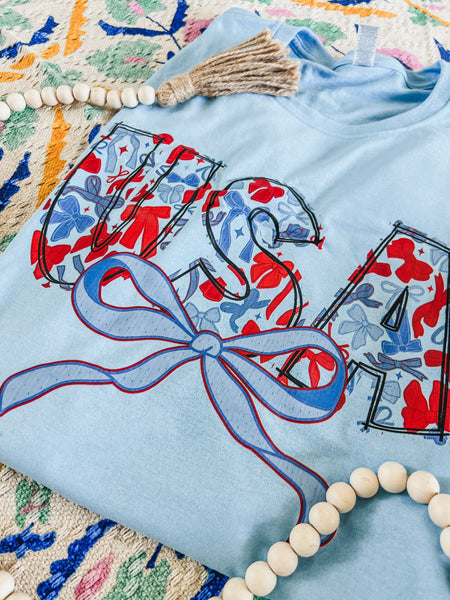 Baby Blue USA bows tee