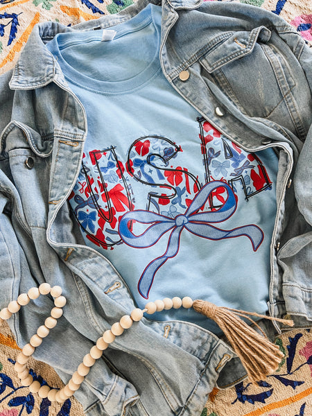 Baby Blue USA bows tee
