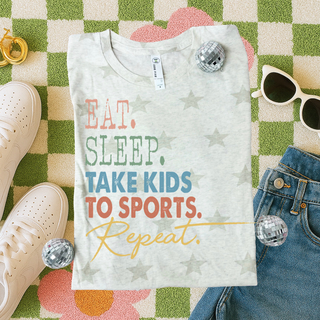 Eat, sleep take kids to sports star tee