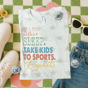 Eat, sleep take kids to sports star tee