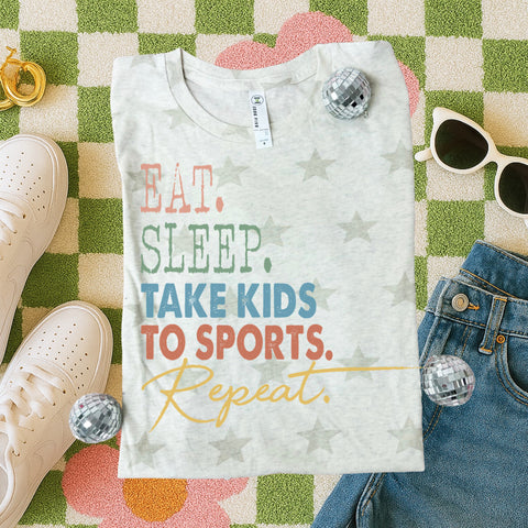 Eat, sleep take kids to sports star tee
