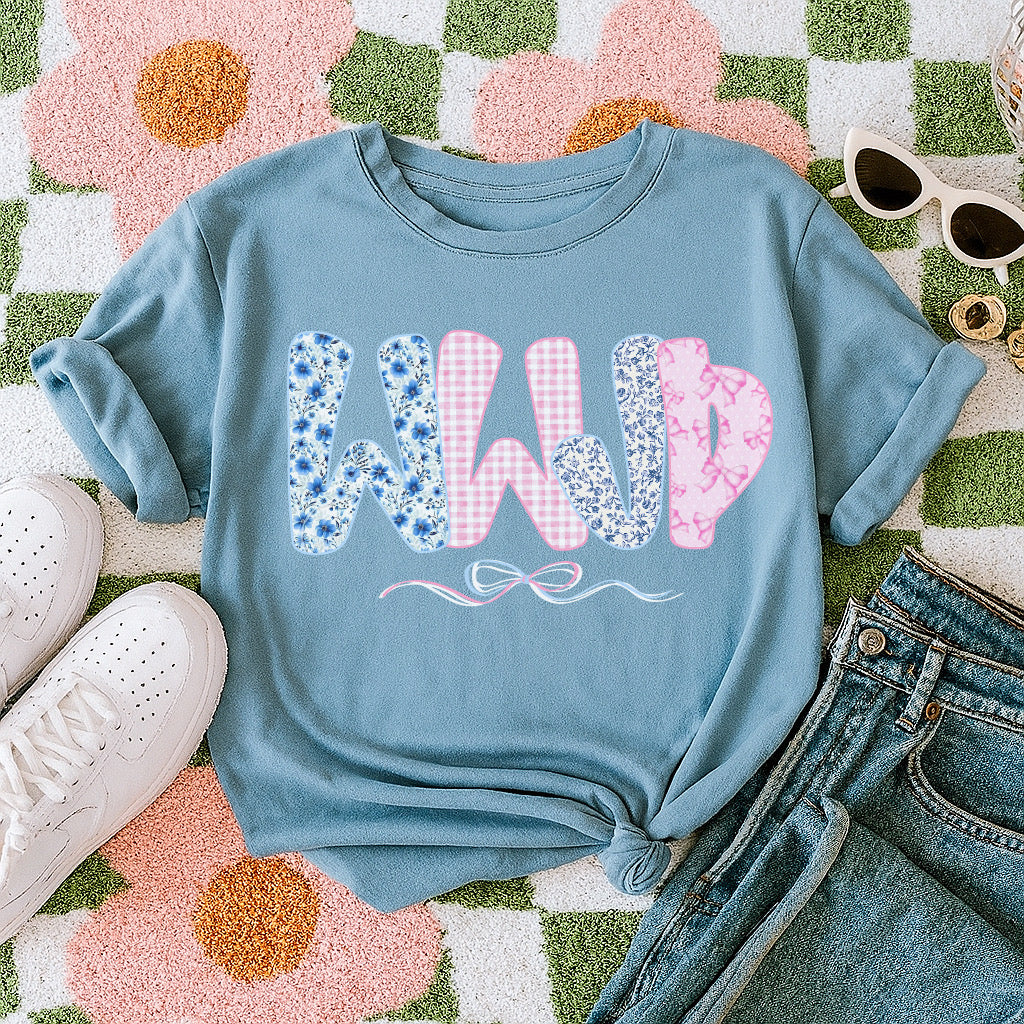 WWJD dusty blue tee
