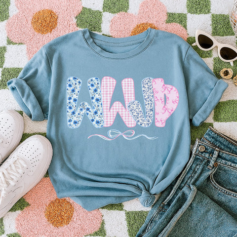 WWJD dusty blue tee