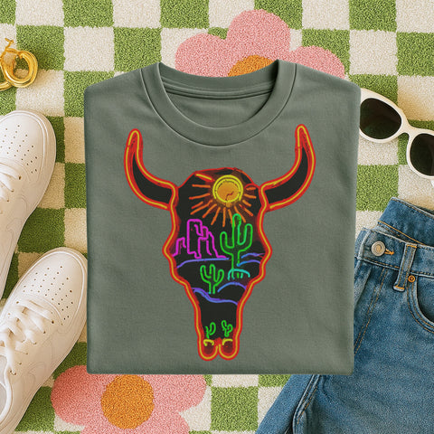 Neon Lights cowskull on oxford tee