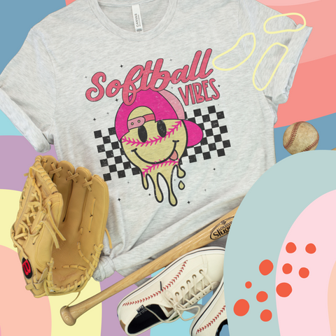 Softball vibes cute smiley tee