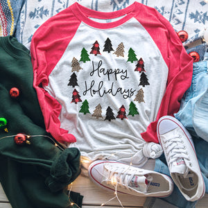 Happy holidays - tree wreath raglan