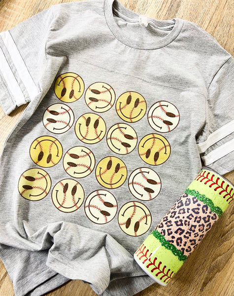 Stacked smiley softball tee