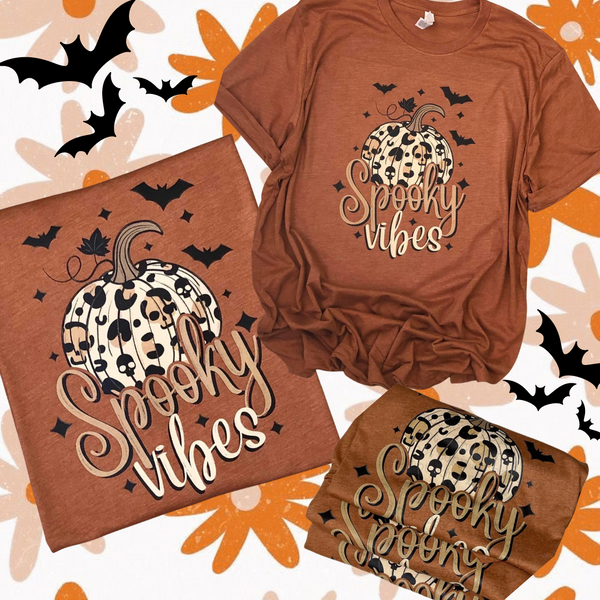 Spooky vibes pumpkin bat clay tee