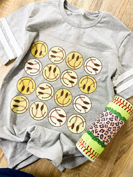 Stacked smiley softball tee