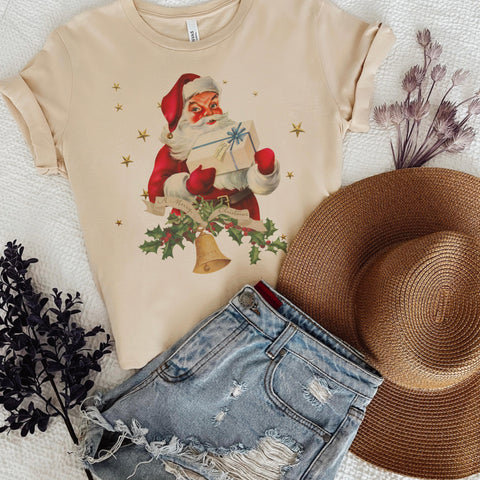 Vintage Santa with a present tee